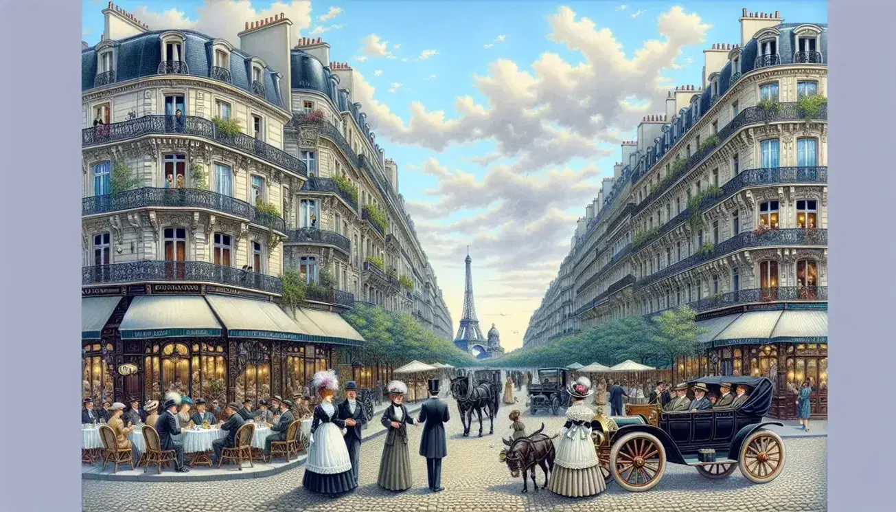 Boulevard parigino in epoca Belle Époque con eleganti passanti, caffè all'aperto, auto d'epoca e vista della Torre Eiffel.