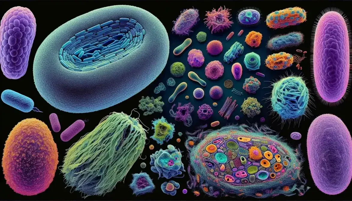 Micrografías electrónicas en colores realzados mostrando célula procariota simple y célula eucariota compleja, junto a variedad de células diversas.