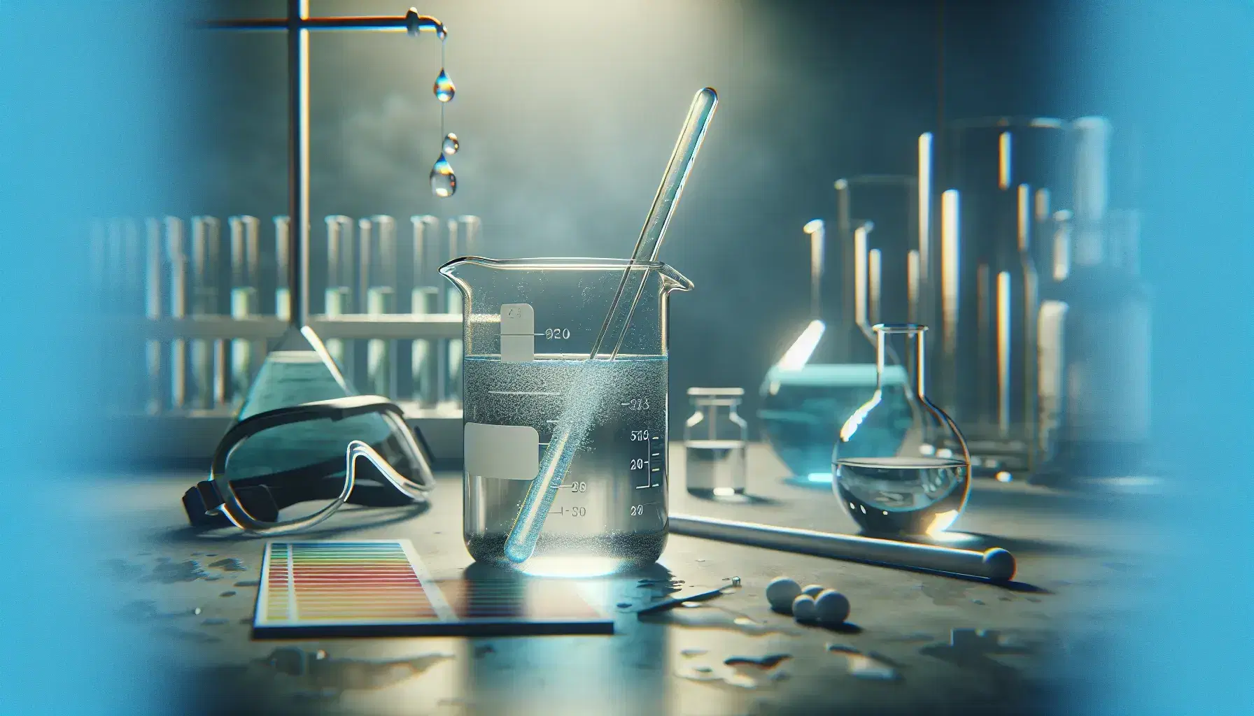 Laboratory with glass beaker and slightly blue transparent liquid, stirring rod, safety glasses and pH paper.