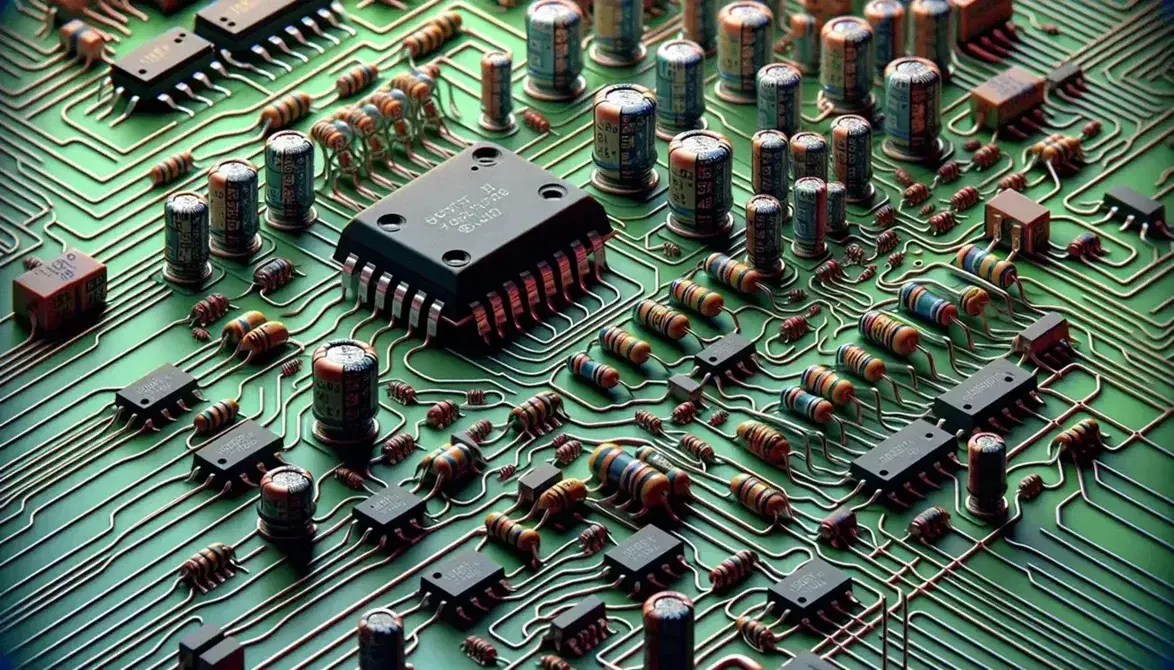 Close-up view of a circuit board with resistors, capacitors, integrated circuits, and a central chip connected by copper traces on a green background.
