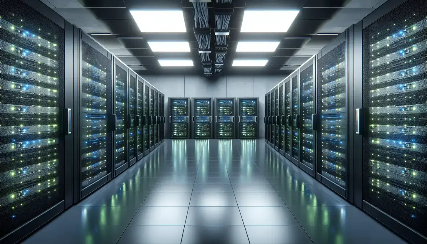 Modern and spacious server room with black racks illuminated by green and blue LEDs, shiny floor and organized cables visible in an open rack.