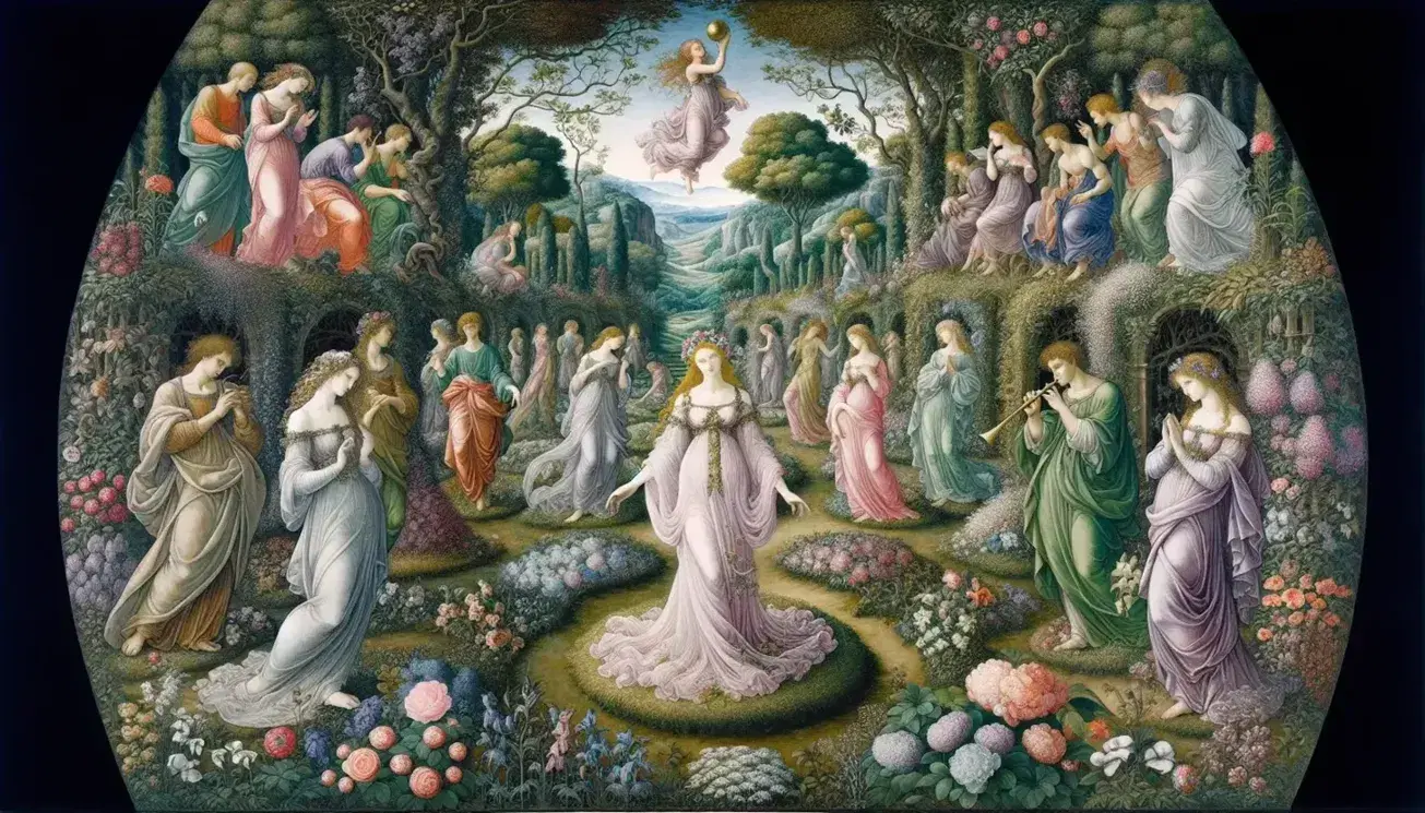 Riproduzione dettagliata de 'La Primavera' di Botticelli con nove figure in abiti rinascimentali tra fiori e piante lussureggianti.