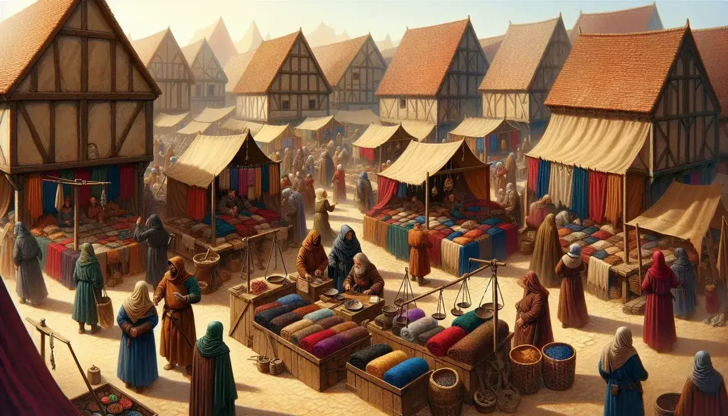Scena di mercato medievale animata con persone in abiti colorati, tende con stoffe, artigiani al lavoro e cattedrale gotica sullo sfondo.