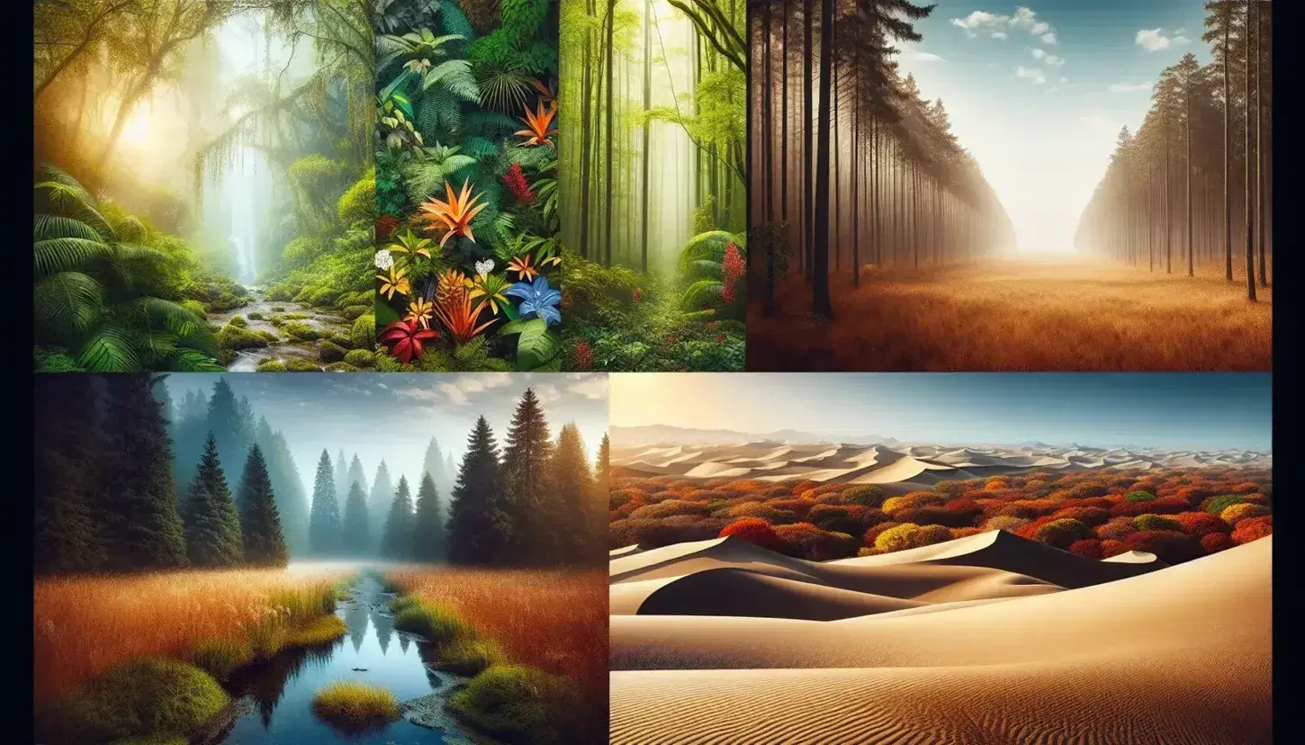 Collage fotografico di quattro ecosistemi: foresta pluviale, deserto con dune, foresta boreale autunnale e savana con antilopi.
