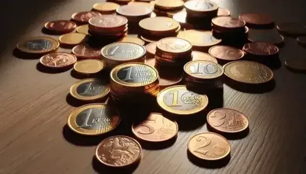 Monete euro di vario valore sparse su tavolo in legno chiaro, con riflessi metallici e distinzione cromatica tra pezzi rame e bimetallici.