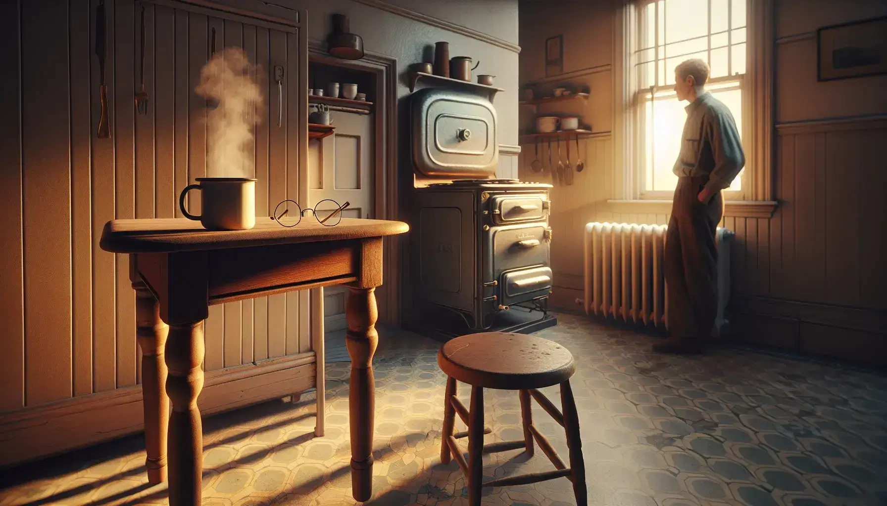 Warmly lit kitchen at dawn with a steaming mug on a wooden table, eyeglasses, a vintage radiator, and a person by the stove in a cozy domestic scene.