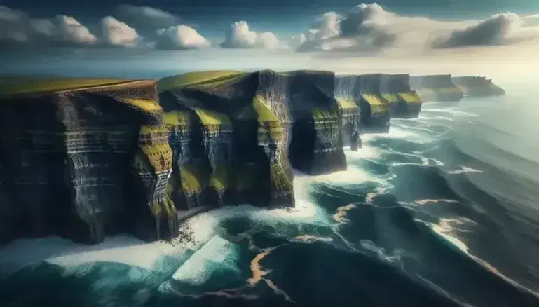 Vista panoramica delle Cliffs of Moher in Irlanda con scogliere verticali, erba verde e onde dell'Atlantico che si infrangono sotto.
