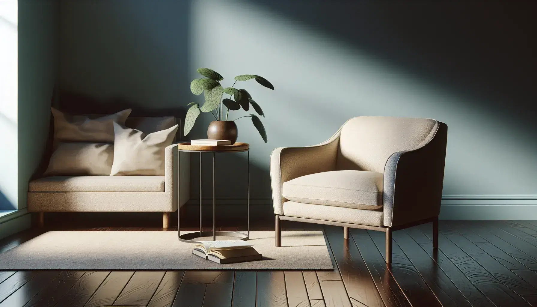 Serene therapy office with comfortable beige armchair, matching sofa, wooden coffee table with open book and green plant in brown pot.
