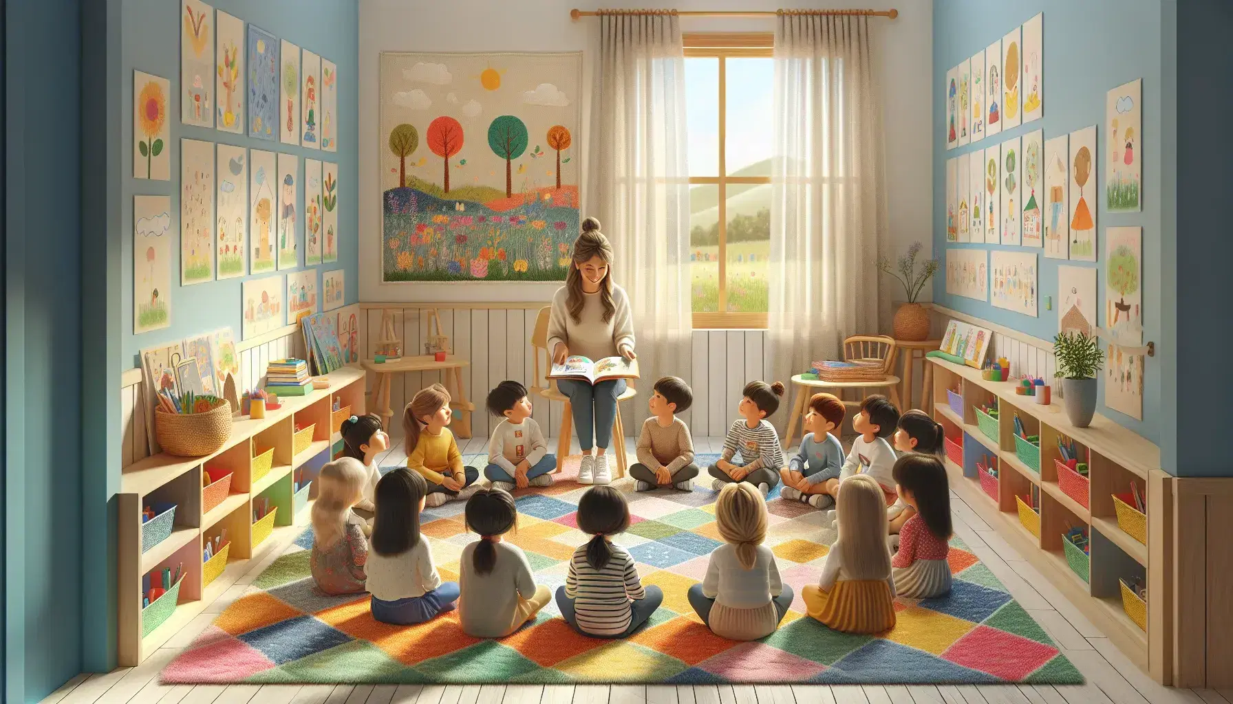 Aula colorata con bambini seduti in cerchio su sedie colorate che ascoltano una maestra leggere un libro, pareti con disegni infantili e libreria piena.
