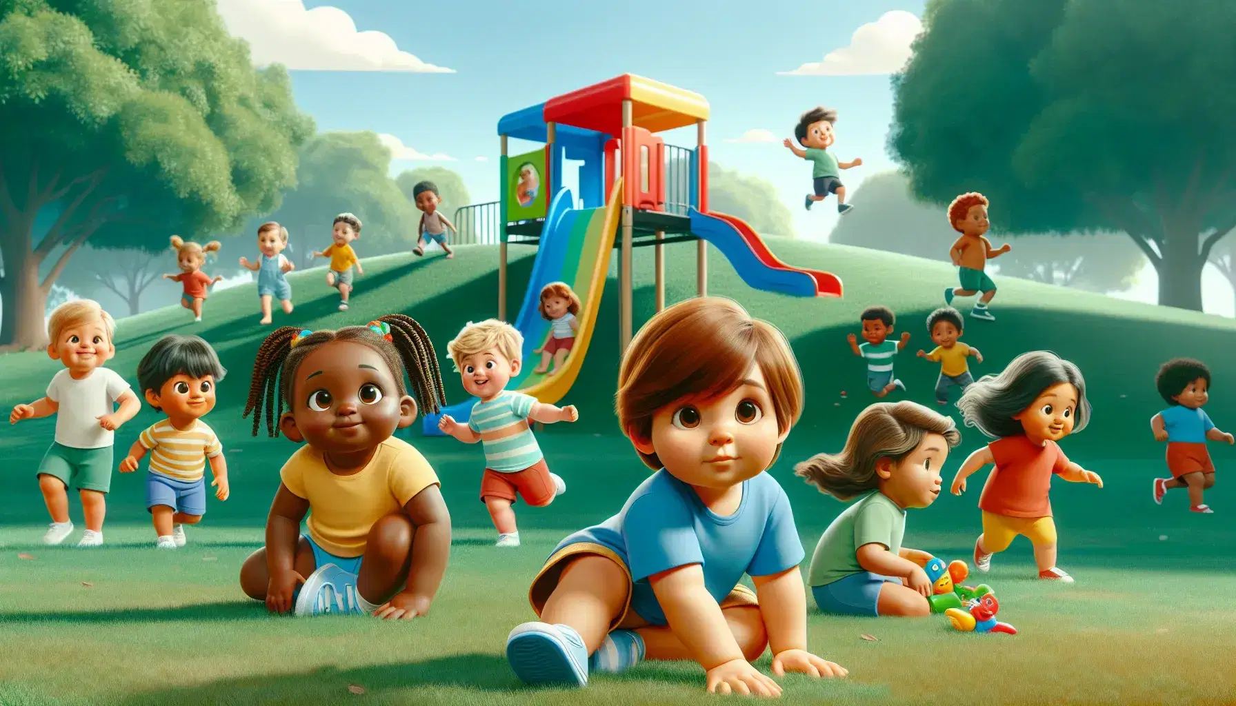 Niños de diversas etnias jugando en un parque al aire libre, con árboles y cielo azul, destacando un niño en un tobogán y otro en el césped.
