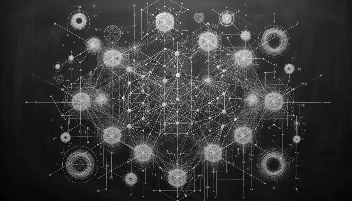 Close-up view of a blackboard with a complex chalk-drawn graph network, surrounded by ellipses and spirals, showcasing abstract geometric patterns.