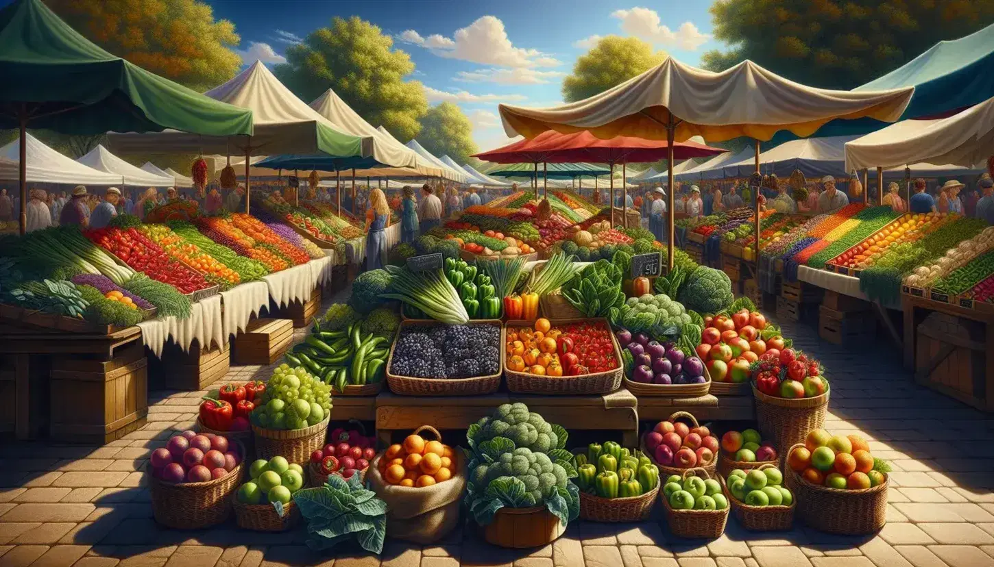 Bustling farmers' market with colorful stalls of fresh bell peppers, assorted fruits in baskets, leafy greens, corn, and eggplants under a clear blue sky.