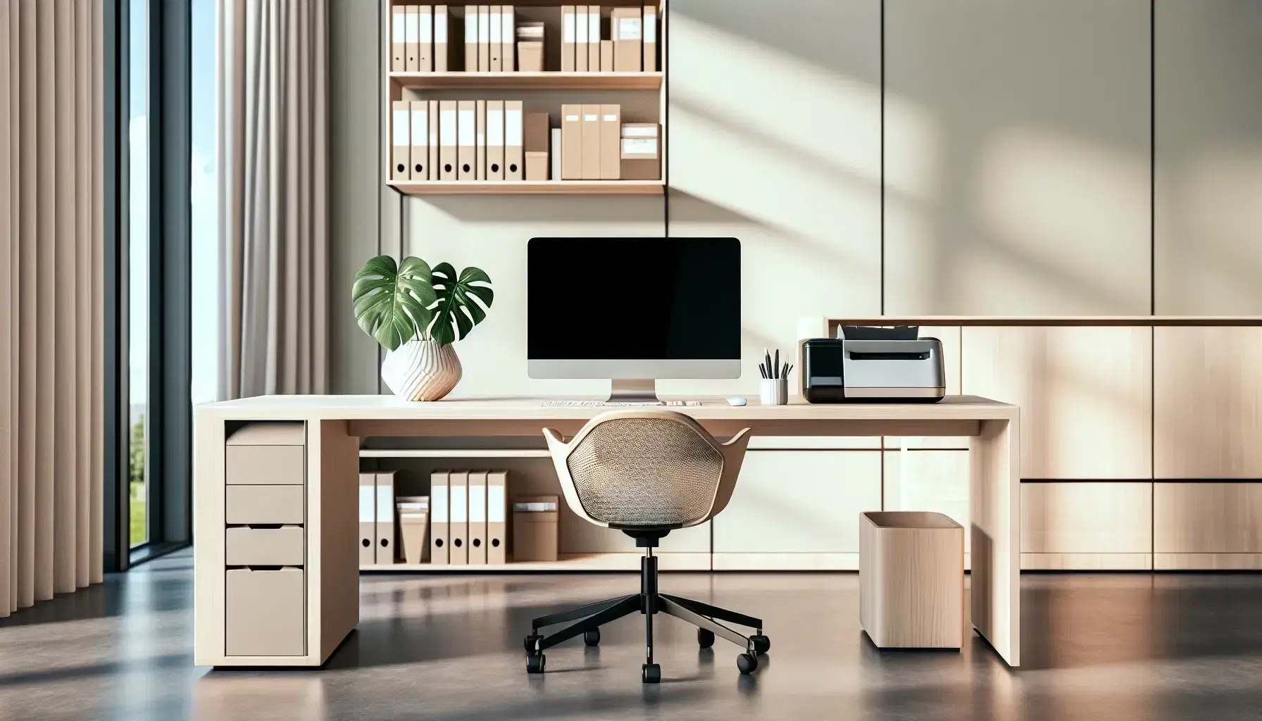 Oficina moderna y luminosa con escritorio de madera, ordenador apagado, silla ergonómica, estantería con libros y planta, sin marcas visibles.
