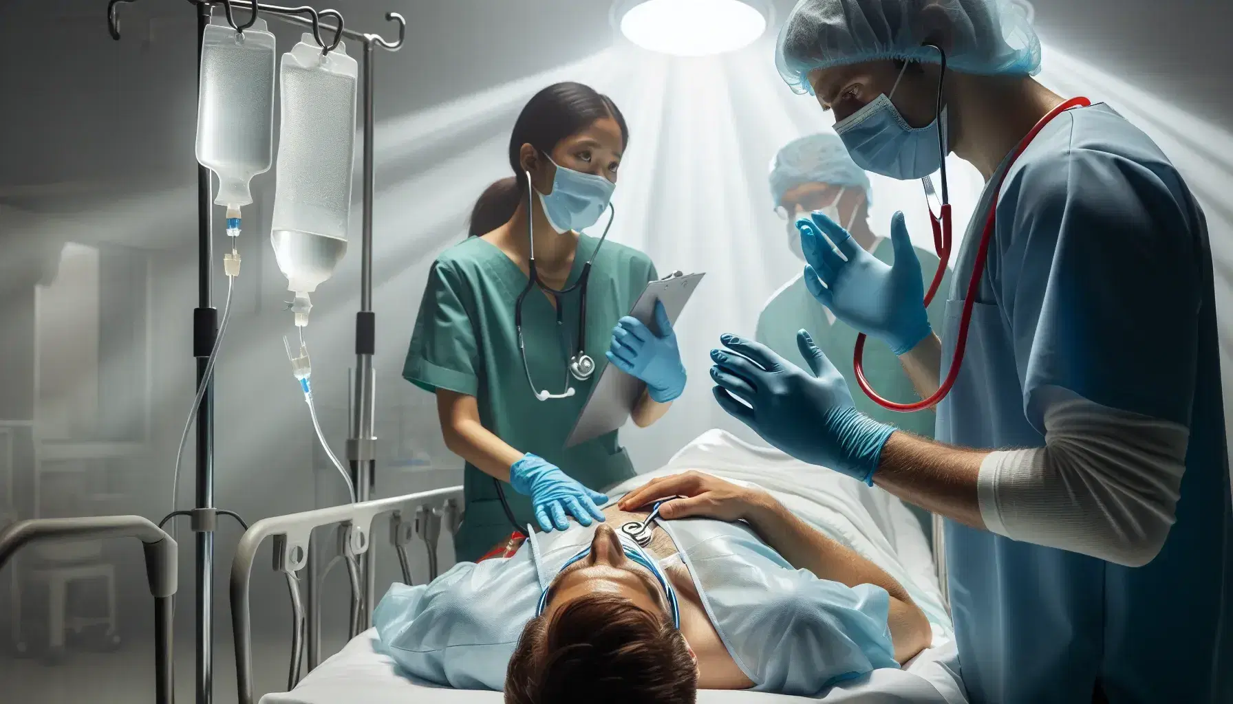 Emergency medical team attends to patient on stretcher, with gloved hands using stethoscope and colleagues in green scrubs discussing treatment.