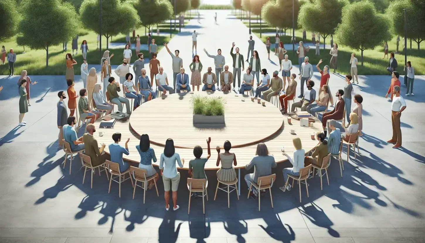 Grupo diverso de personas conversando alrededor de una mesa redonda al aire libre, con árboles y cielo azul de fondo en un día soleado.