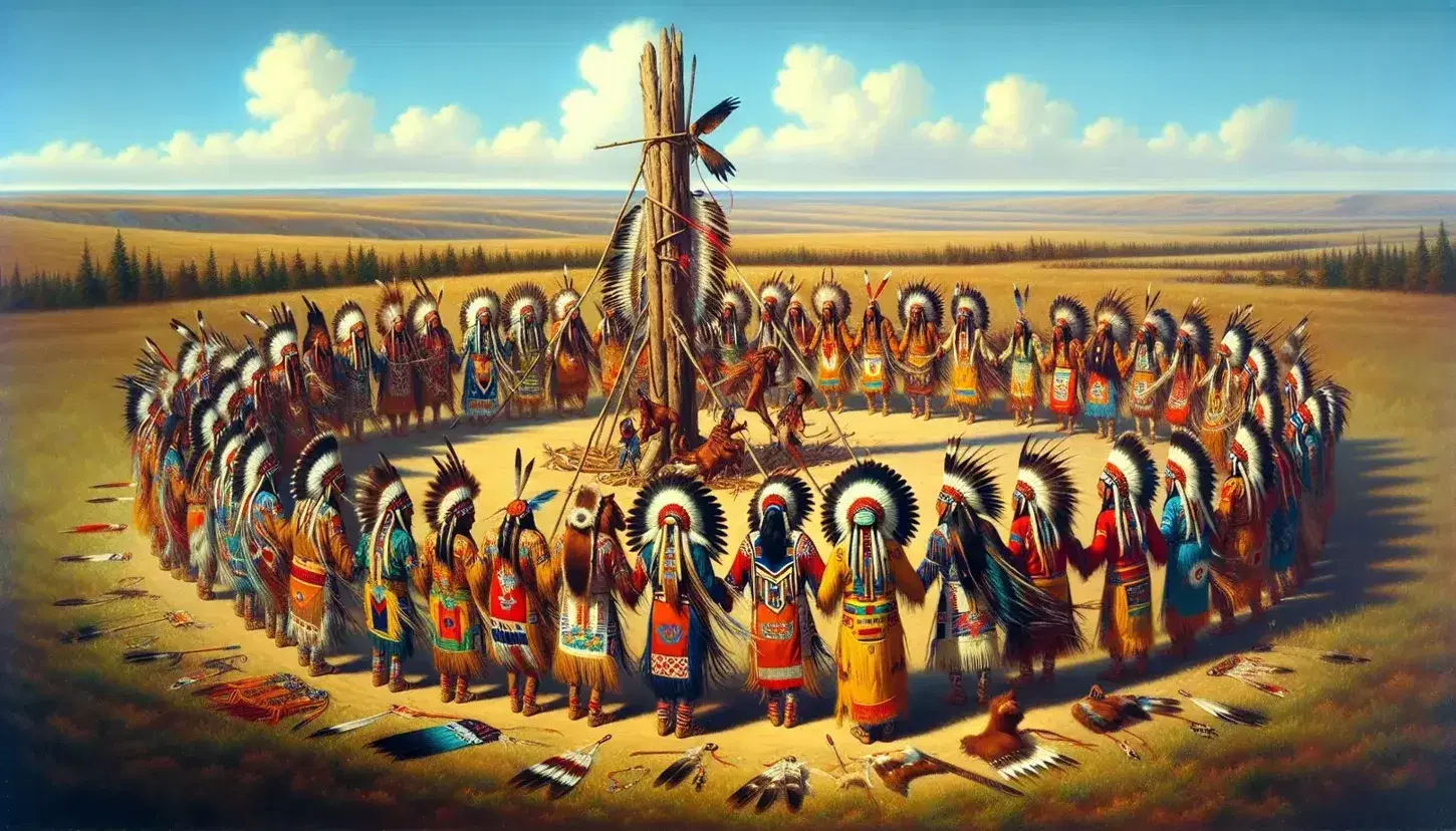 Sioux Native Americans perform a Sun Dance ceremony, wearing colorful regalia and feather headdresses, around a central pole on a grassy plain with horses nearby.
