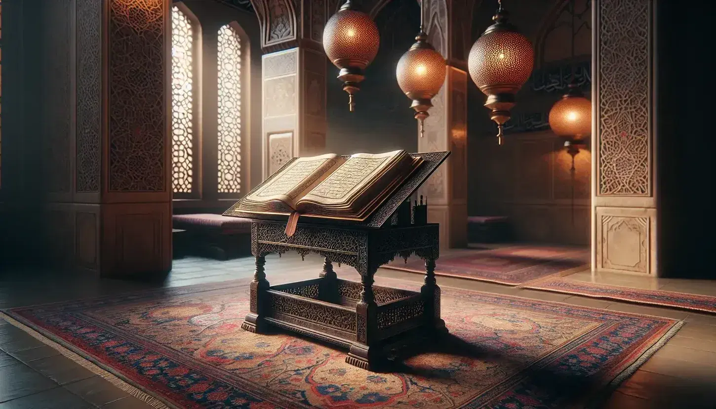 Scena di studio tradizionale islamico con leggio in legno scuro e libro antico su tappeto intricato, illuminata da lampade pendenti in metallo lavorato.