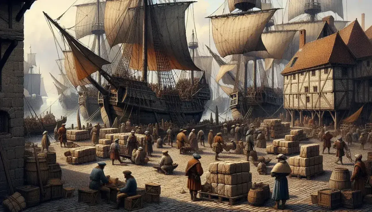 Bustling medieval port with wooden ships docked, people unloading goods, and a backdrop of gabled rooftops under a clear blue sky.