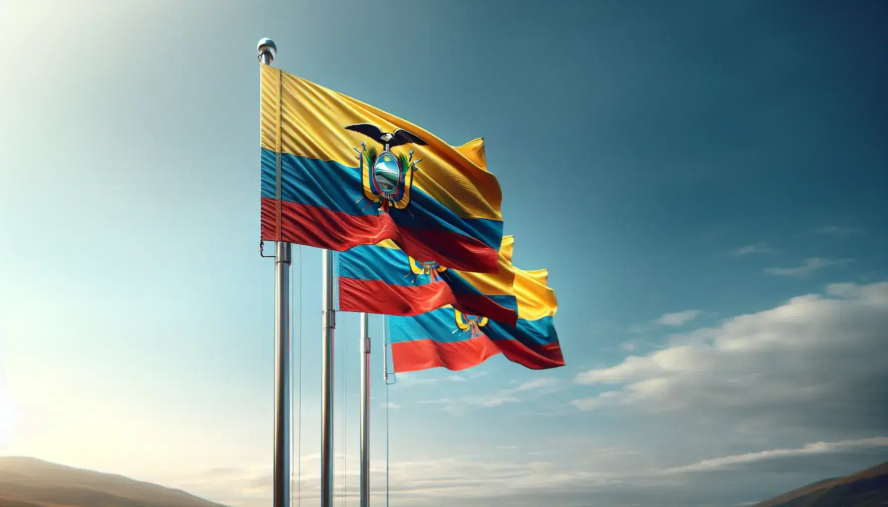 Tres banderas de Ecuador ondeando al viento en mástiles metálicos, con franjas amarillas, azules y rojas y el escudo nacional en movimiento, bajo un cielo despejado.