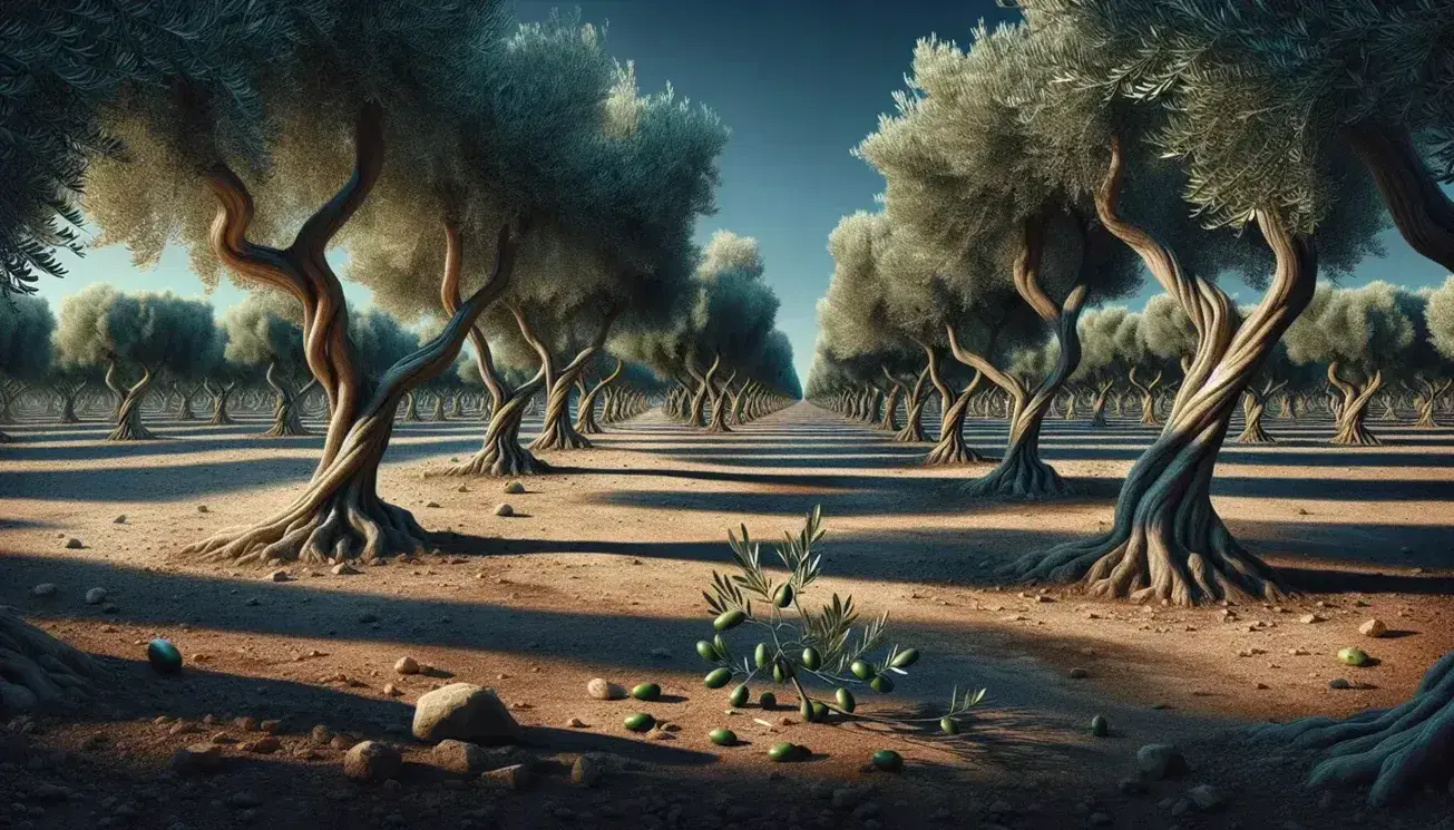 Campo di ulivi rigogliosi con tronchi intrecciati, foglie argento-verdi, terra arida e barriera di cemento in lontananza sotto cielo azzurro.