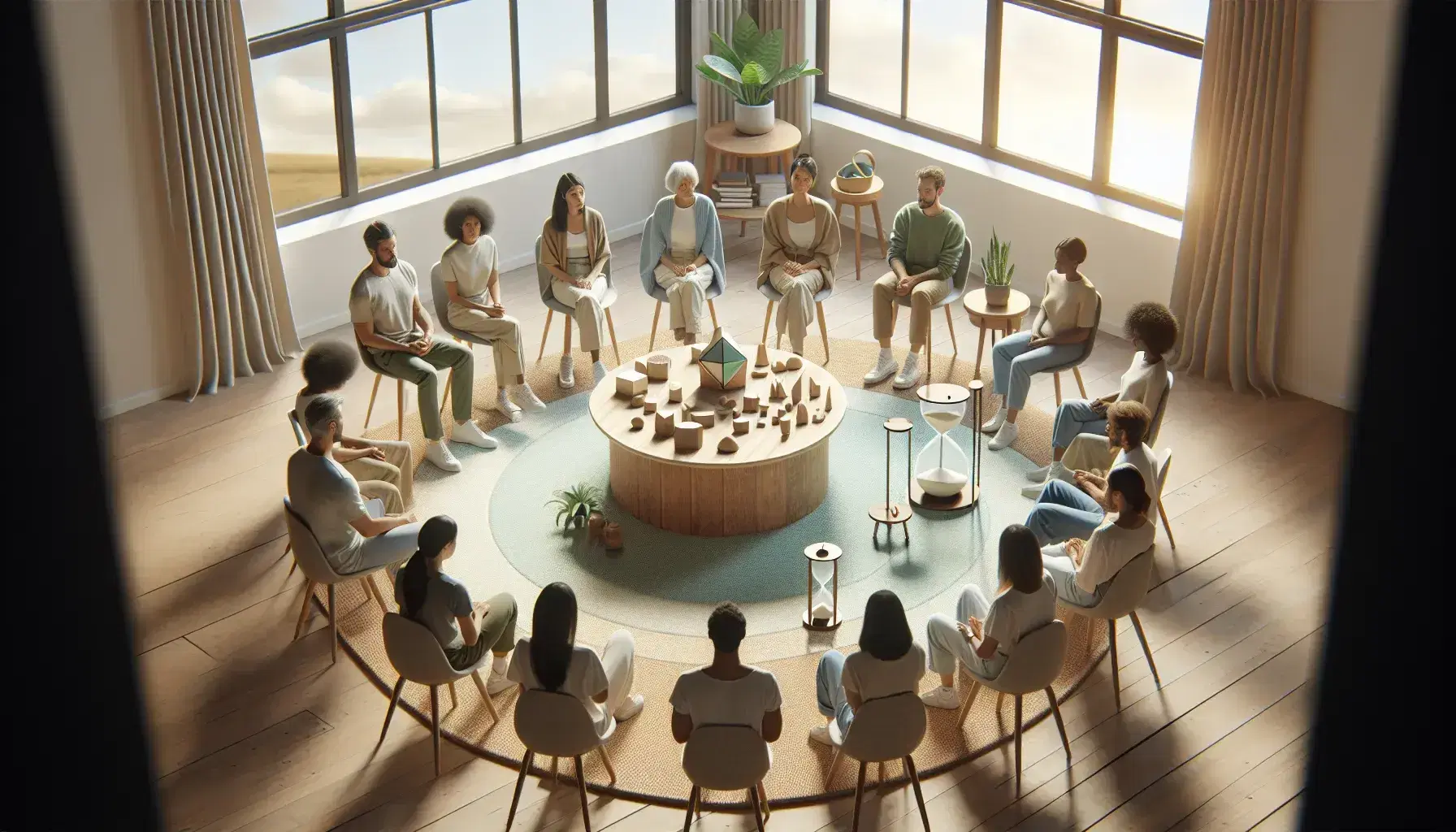 Grupo diverso de personas en sesión de terapia o discusión sentadas en círculo alrededor de una mesa con reloj de arena, figuras geométricas de madera y planta verde.