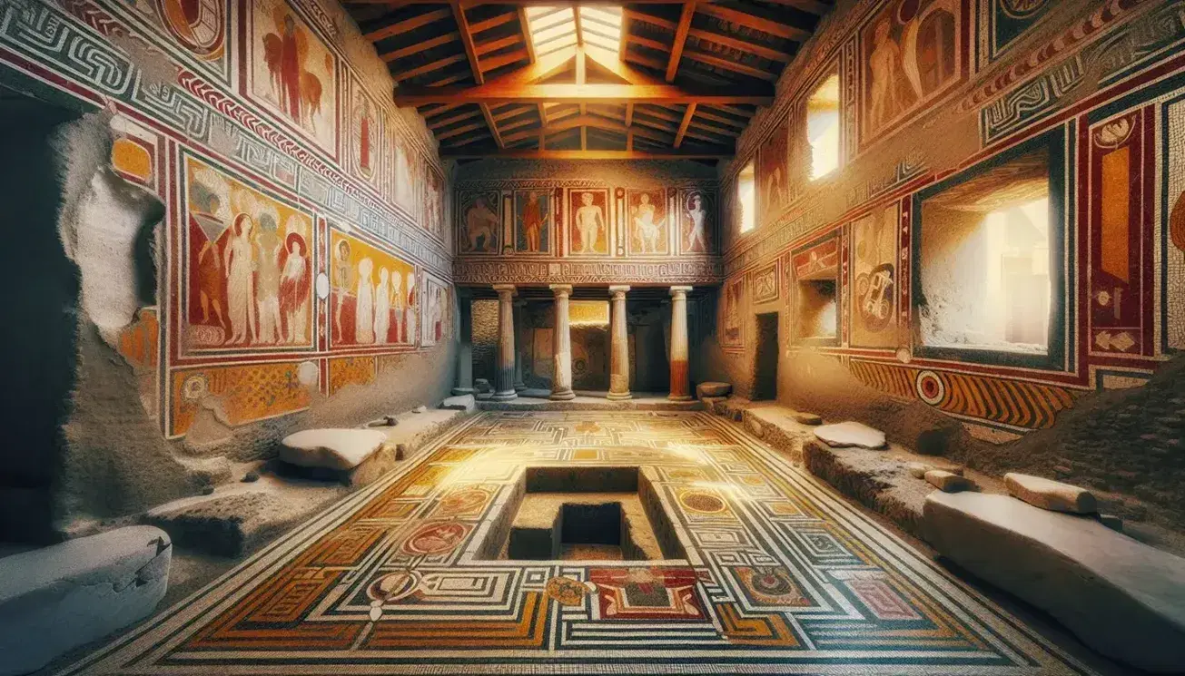 Restauro di una domus romana con affreschi vivaci e mosaico dettagliato, impluvium centrale e luce naturale dal compluvium.