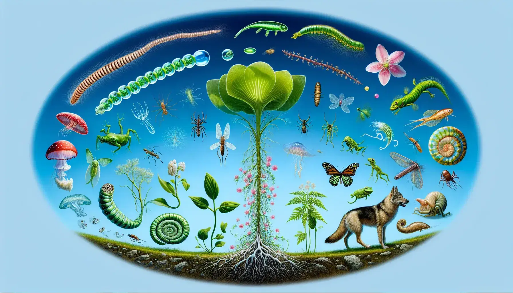 Evolutionary tree graphic with single-celled organism at the center, branching into plants on the left and diverse animals on the right against a blue gradient background.