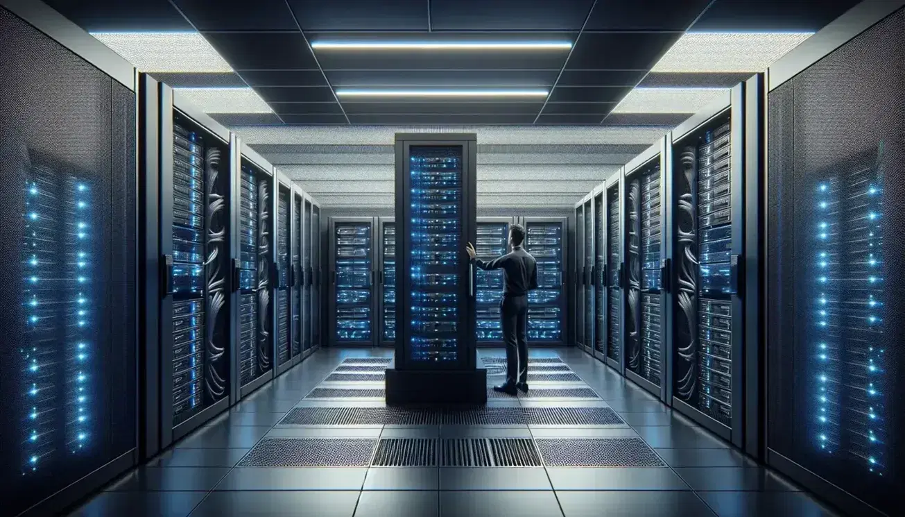 Modern and technological server room with black racks and blue LED lights, organized cables and raised floor for cooling, person in control.