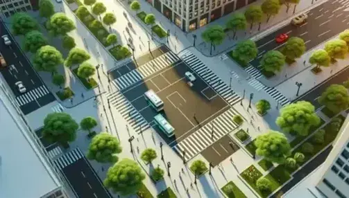 Vista aérea de intersección urbana con paso peatonal en cuadrícula, vehículos en movimiento, personas caminando y arquitectura moderna en día soleado.