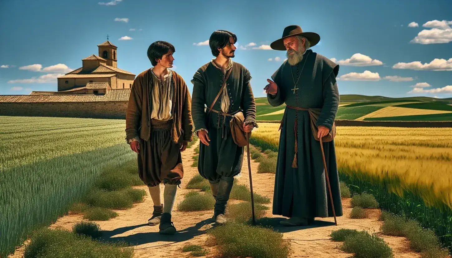 Joven y anciano vestidos con ropas del siglo XVI caminan por sendero rural hacia aldea de piedra bajo cielo azul, reflejando la vida en la España de la época.