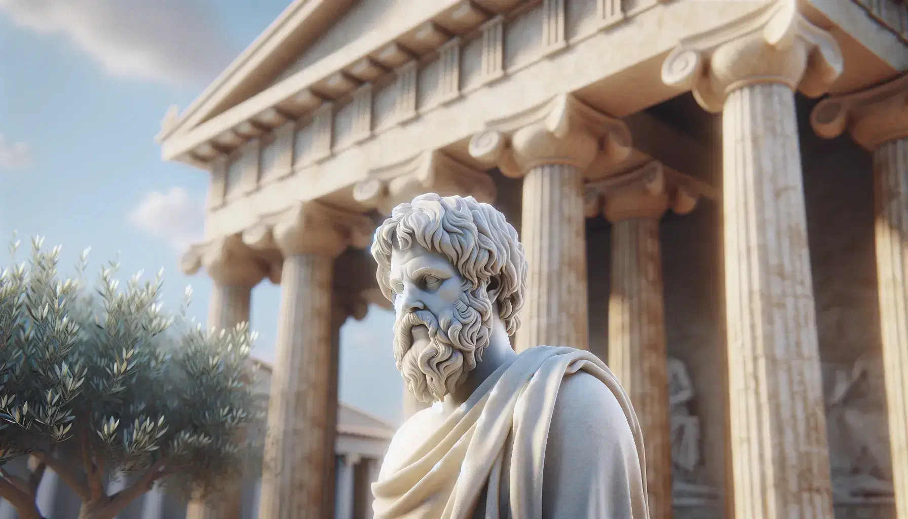 Statua in marmo bianco di Socrate pensieroso nell'agora greca con colonne d'epoca e ulivi, cielo azzurro sopra.