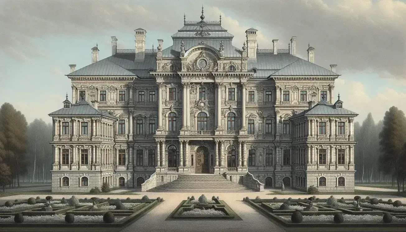 Grand 17th-century Romanov-style palace with symmetrical facade, ornate stonework, and manicured garden featuring a tiered fountain on a sunny day.