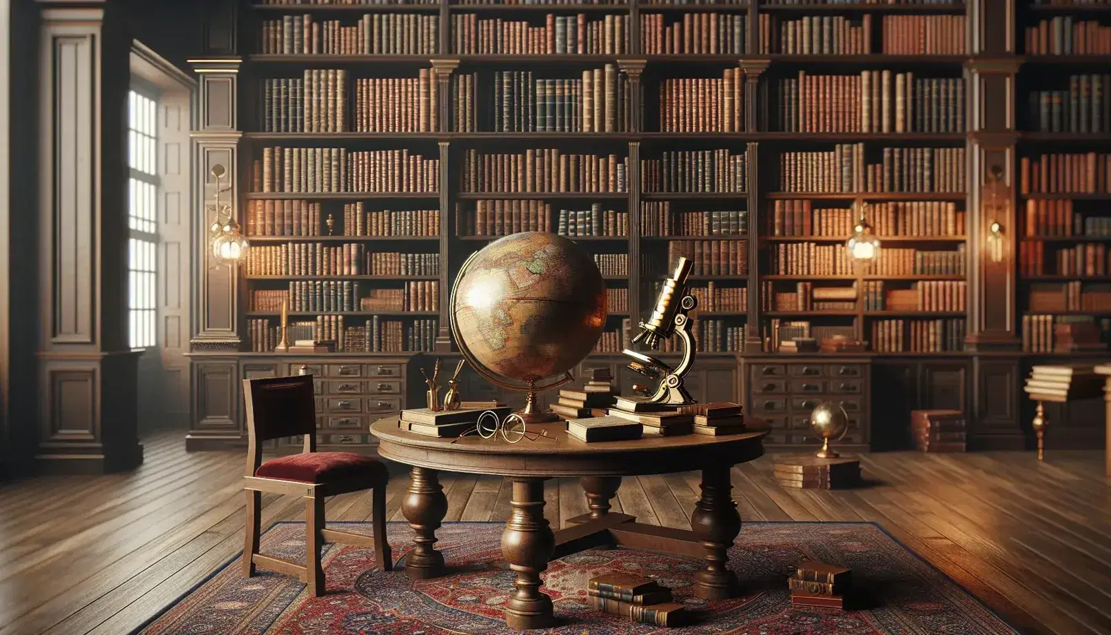 Biblioteca antigua con estanterías de madera oscura llenas de libros, mesa con globo terráqueo sepia y microscopio de latón, silla con cojín rojo y alfombra persa.