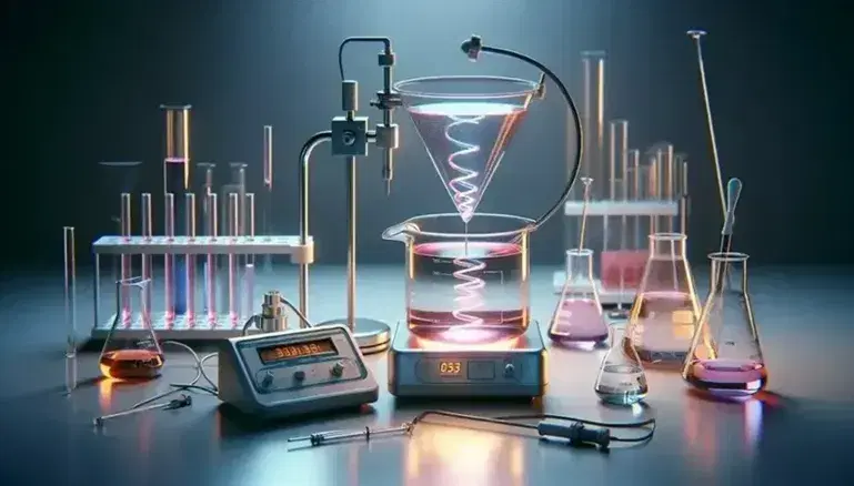 Laboratorio scientifico con strumenti di precisione, tra cui un supporto universale con imbuto separatore e soluzione rosa, becher su agitatore magnetico e potenziometro spento.