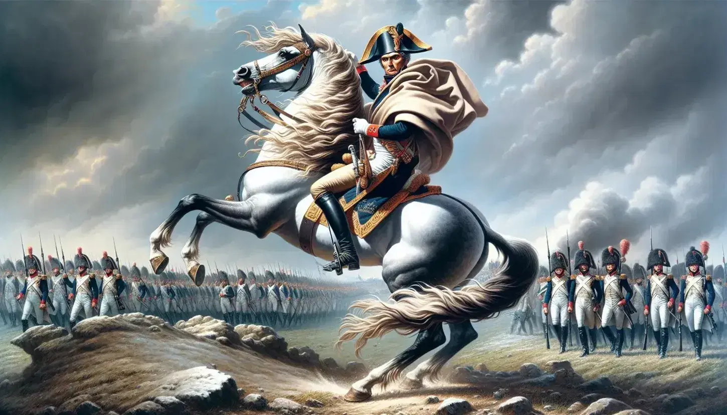 Napoleone Bonaparte a cavallo in uniforme militare durante una battaglia, con truppe in formazione sullo sfondo nuvoloso.