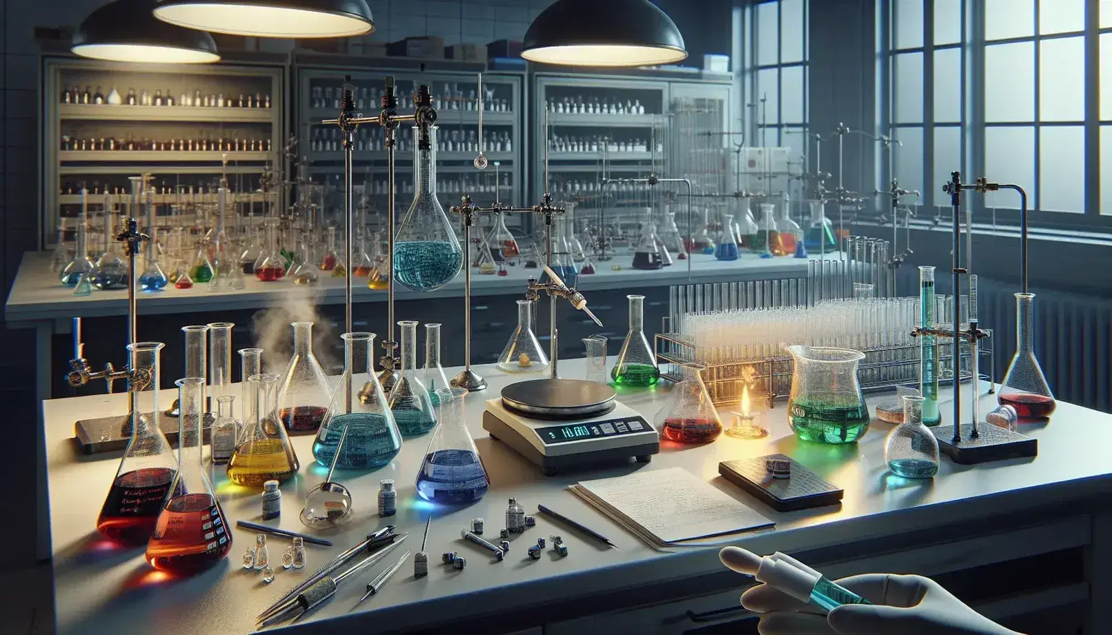 Laboratorio di chimica inorganica con tavolo da lavoro, provette, becher con liquidi colorati, bilancia analitica e bruciatore Bunsen acceso.