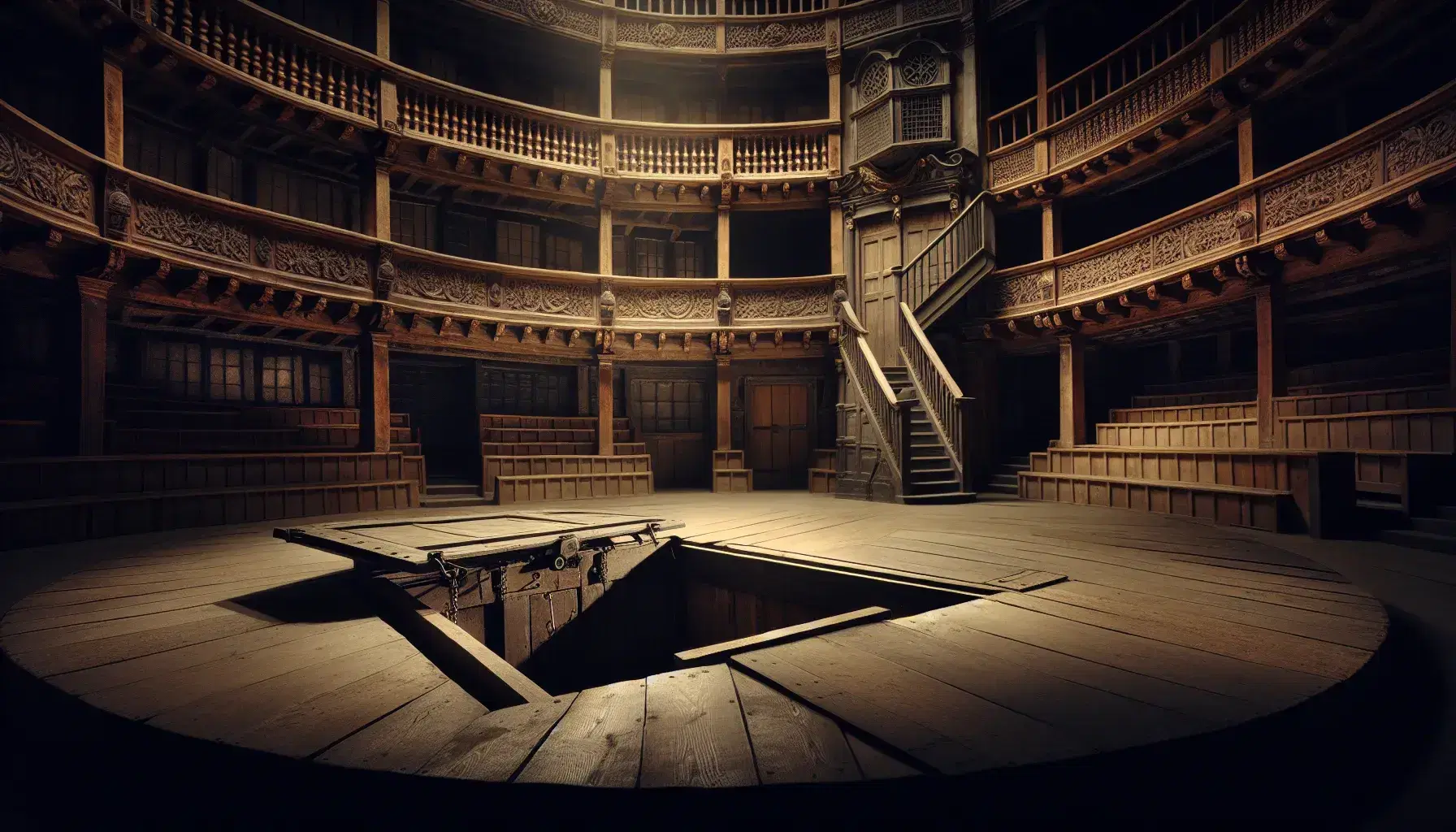 Scene from an Elizabethan theater with wooden stage and trap door, carved balcony and empty benches, soft lighting from above.