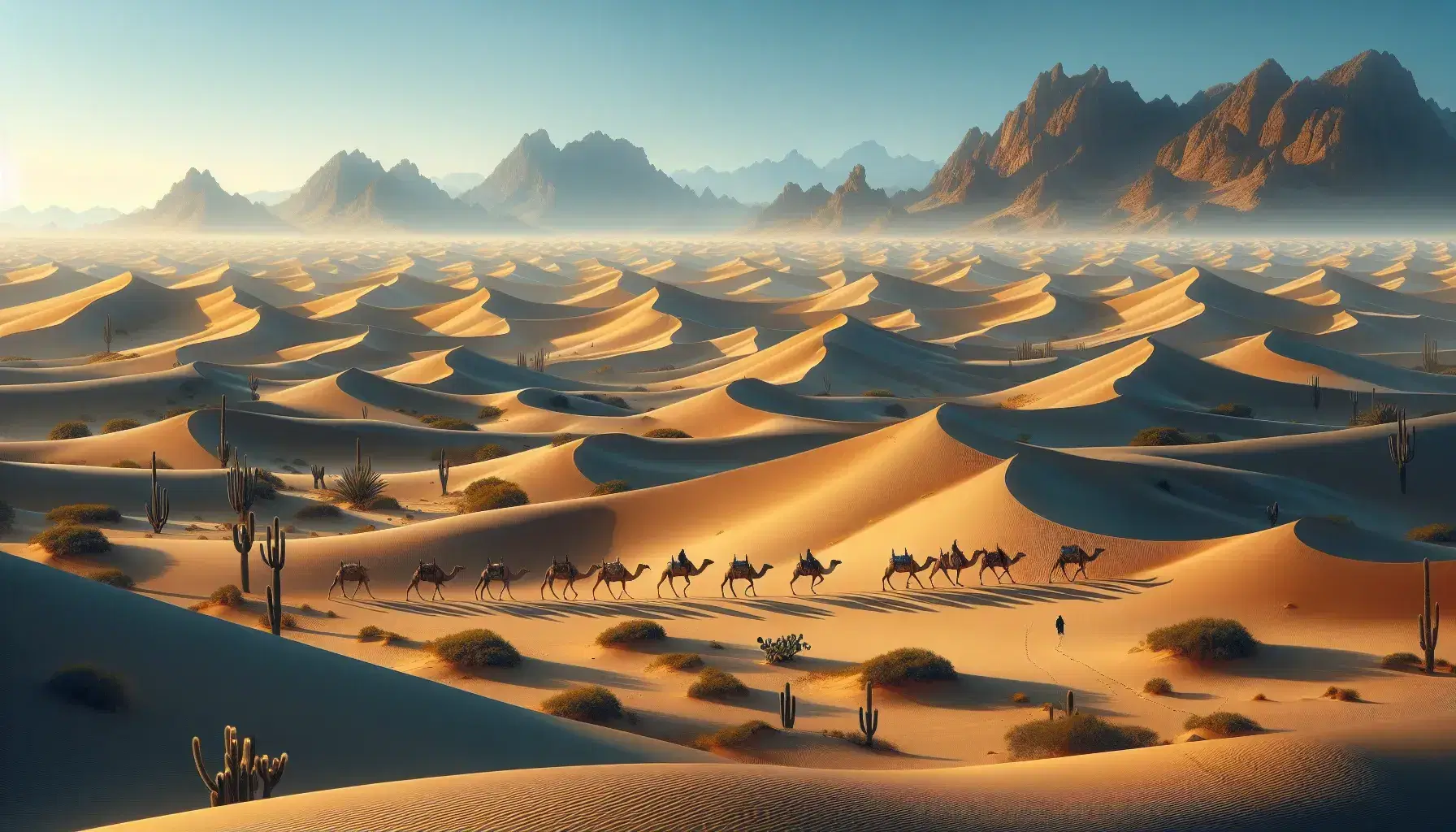 Desert landscape with sand dunes, hardy plants, camels with saddles and rocky mountains under a clear blue sky.