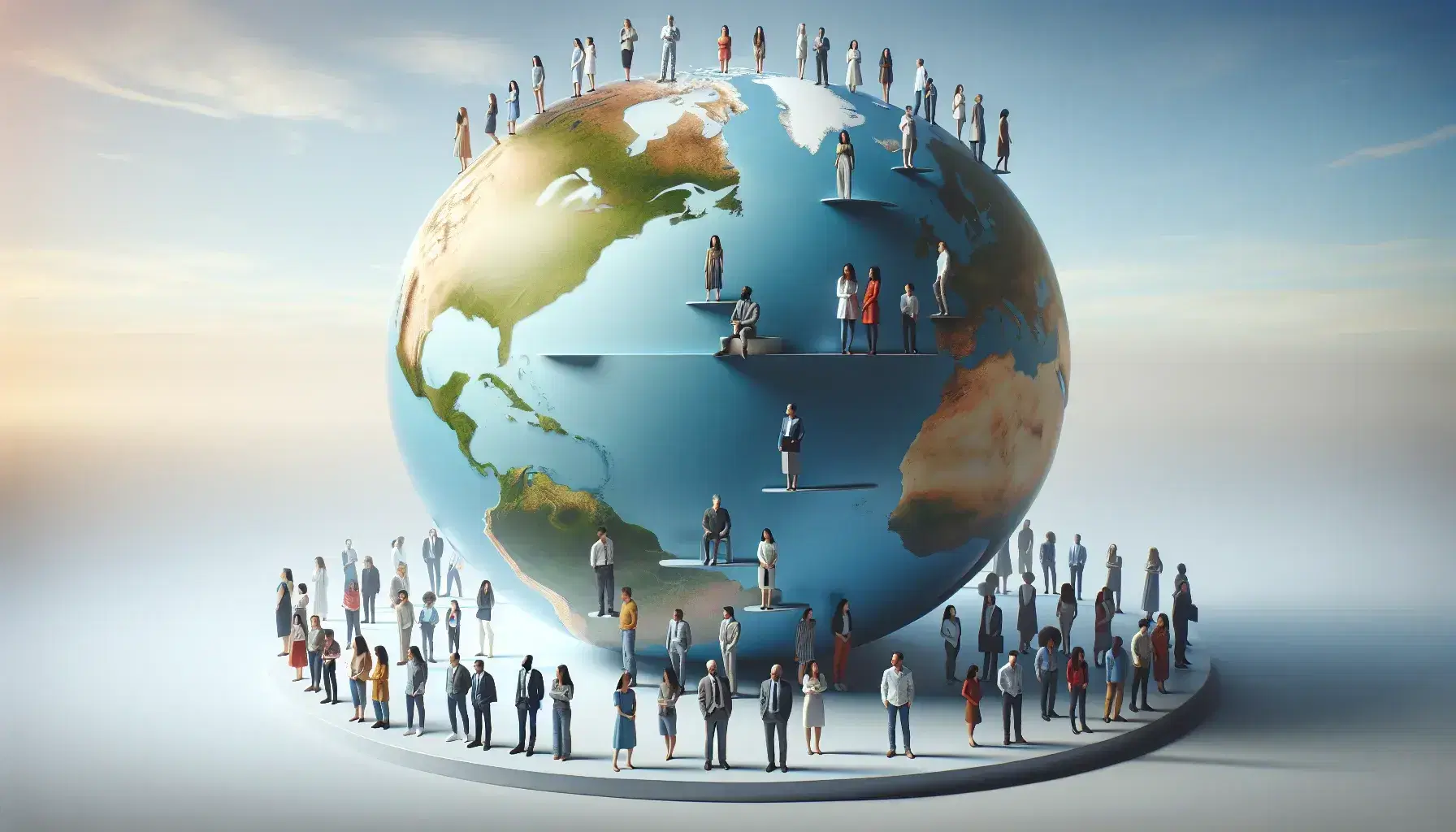 Multicultural group on a giant globe with realistic colors, people of various ages in different cultural clothes, light blue-white gradient sky.