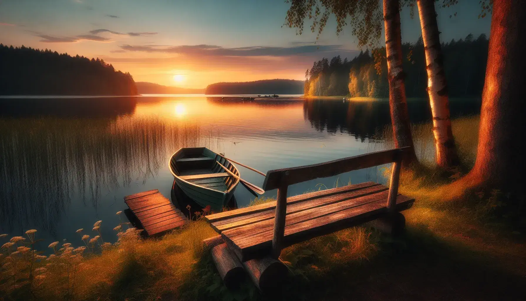 Serene sunset at a lakeside with a weathered wooden bench, calm waters reflecting warm hues, a moored rowboat, and silhouetted trees against a gradient sky.