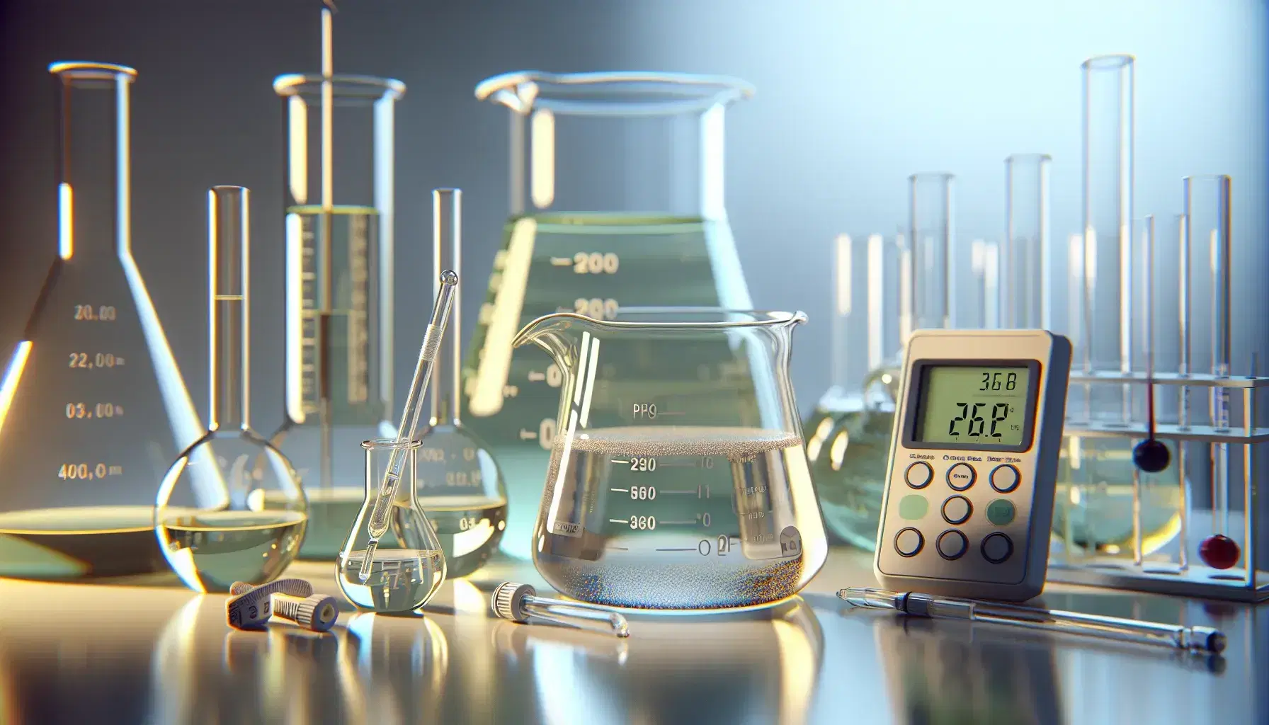 Laboratory with beaker and transparent liquid, immersed pH meter, Erlenmeyer bottles with colored liquids, droppers, safety glasses and gloves.