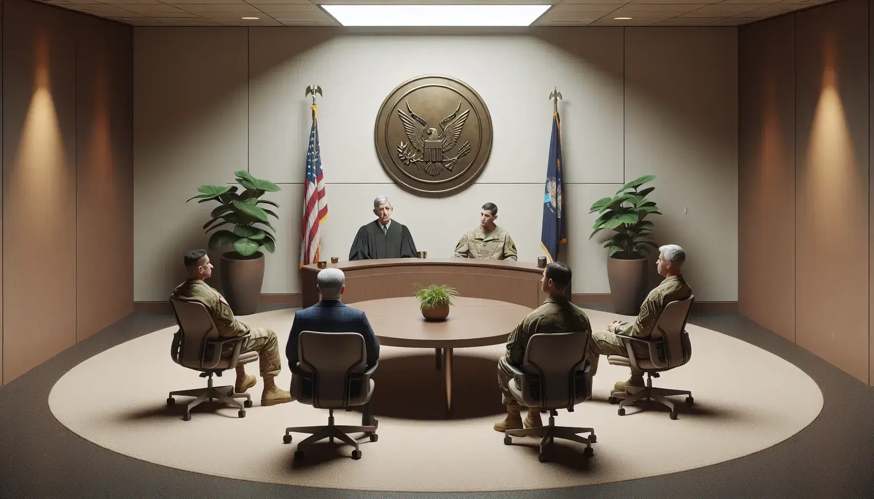 Therapeutic court for veterans with round table, judge, soldier, lawyer and civilian sitting, seal on the wall and flag on the side.