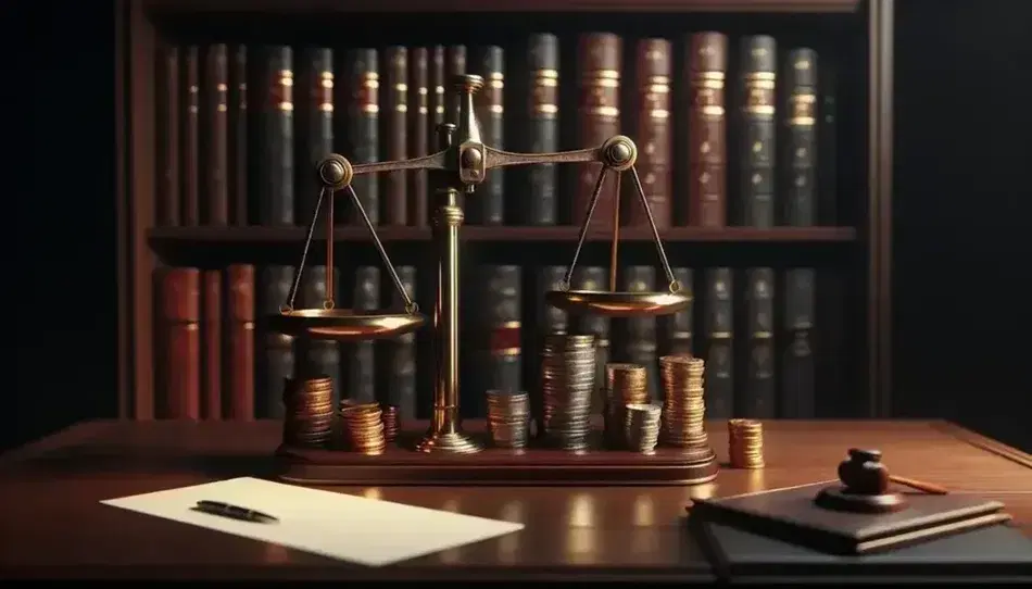 Bilancia di precisione in metallo lucido su scrivania in legno scuro con pile di monete assortite e foglio bianco, sfondo con libreria.