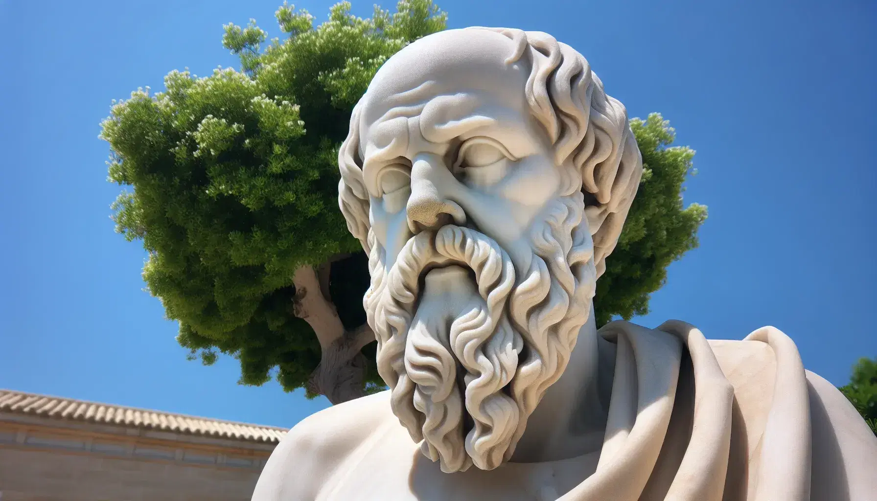 Estatua de mármol blanco de Sócrates reflexionando, con fondo de árbol verde y cielo azul claro, iluminada por luz solar suave.