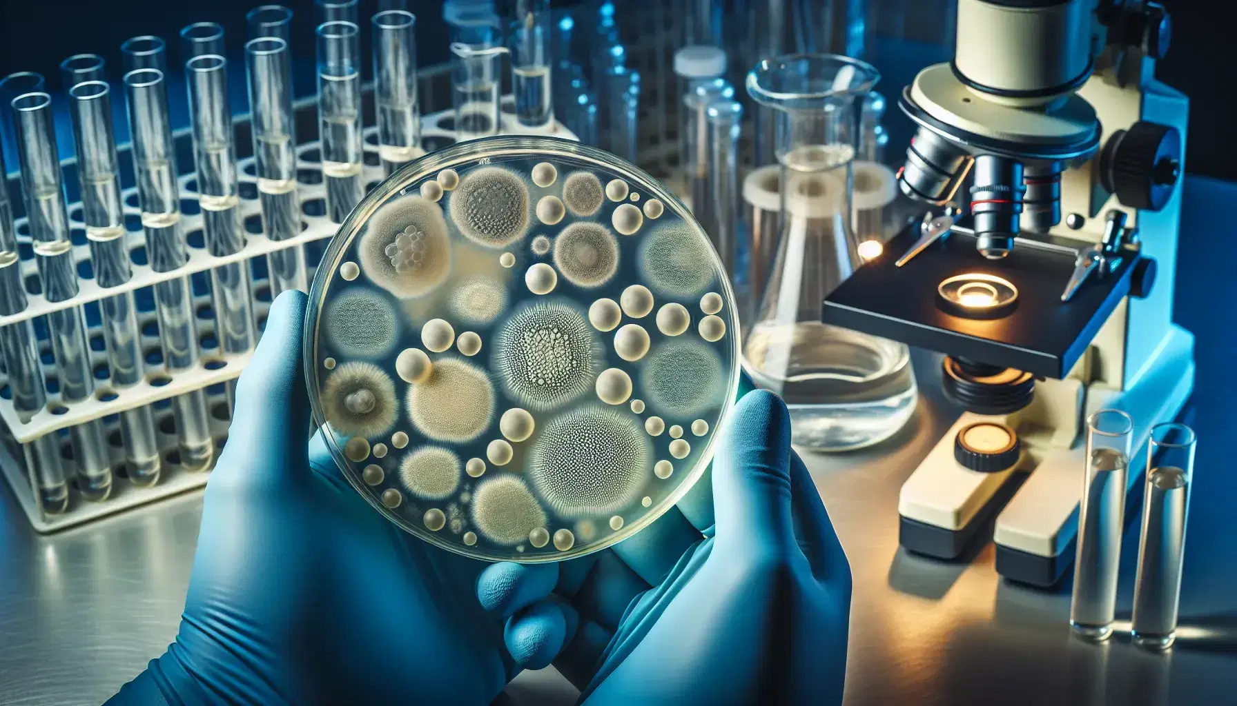 Close-up view of blue-gloved hands holding a petri dish with colorful microbial colonies on agar, against a blurred lab bench with scientific equipment.