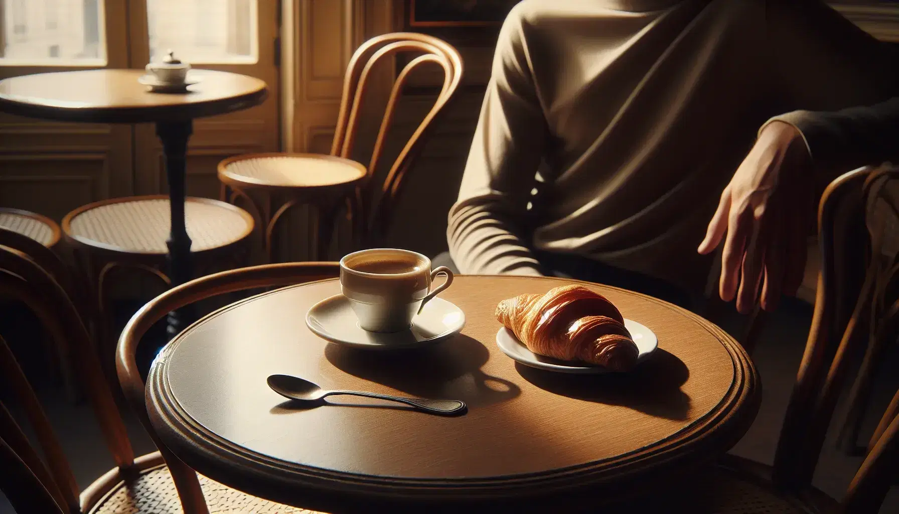 Close-up view of a coffee cup and croissant on a polished wooden table in a cozy French café, with a relaxed patron in the background.