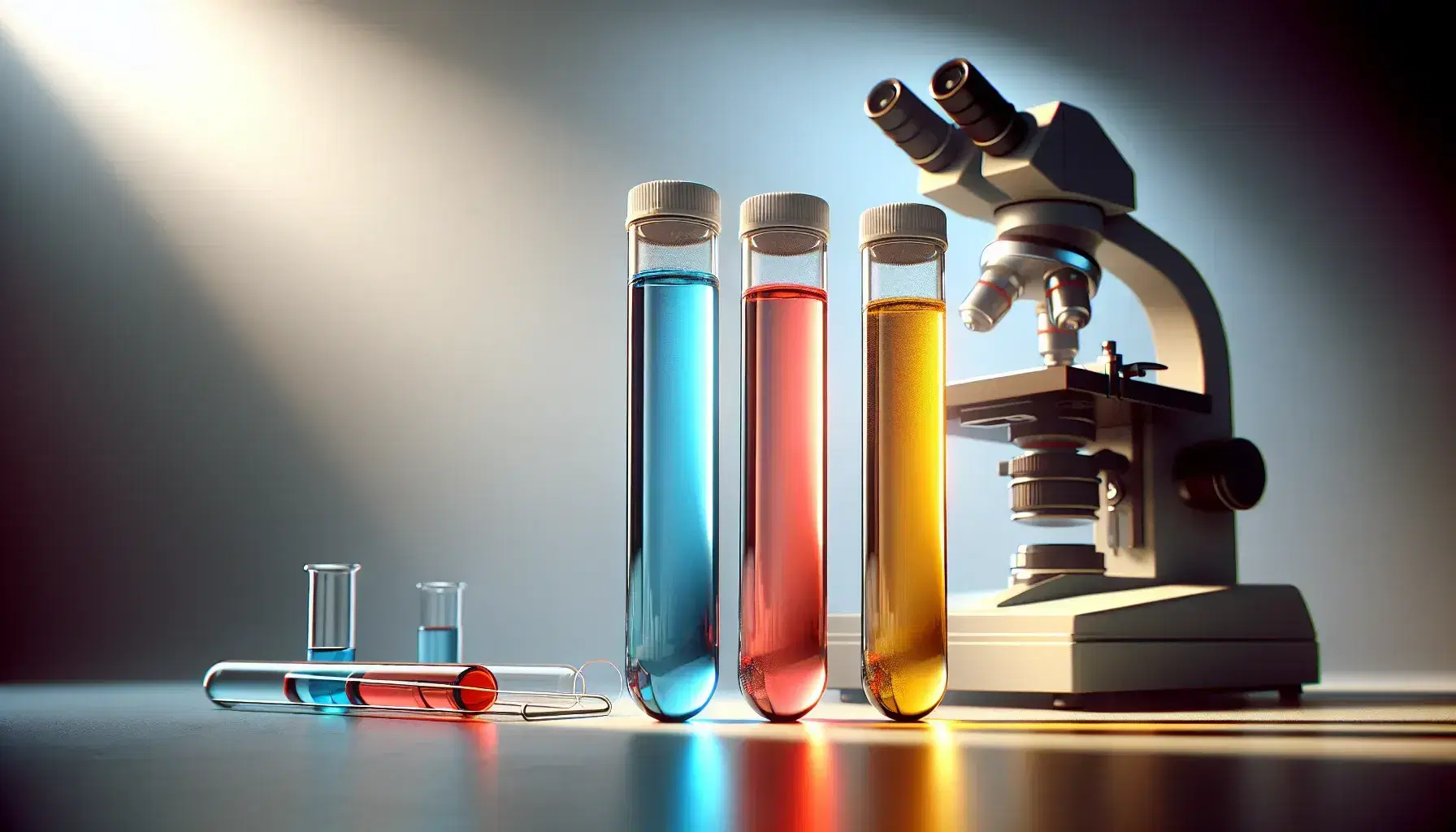 Tres tubos de ensayo con líquidos de colores azul claro, rojo intenso y amarillo pálido sellados con tapones de goma, junto a un microscopio de laboratorio y una lámina de vidrio.