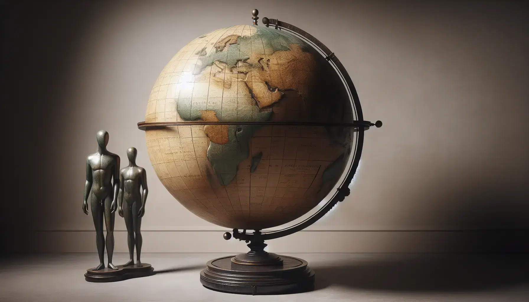 Globo terráqueo antiguo con tonos marrones y azules suaves sobre soporte de madera oscura y figuras metálicas estilizadas a los lados.