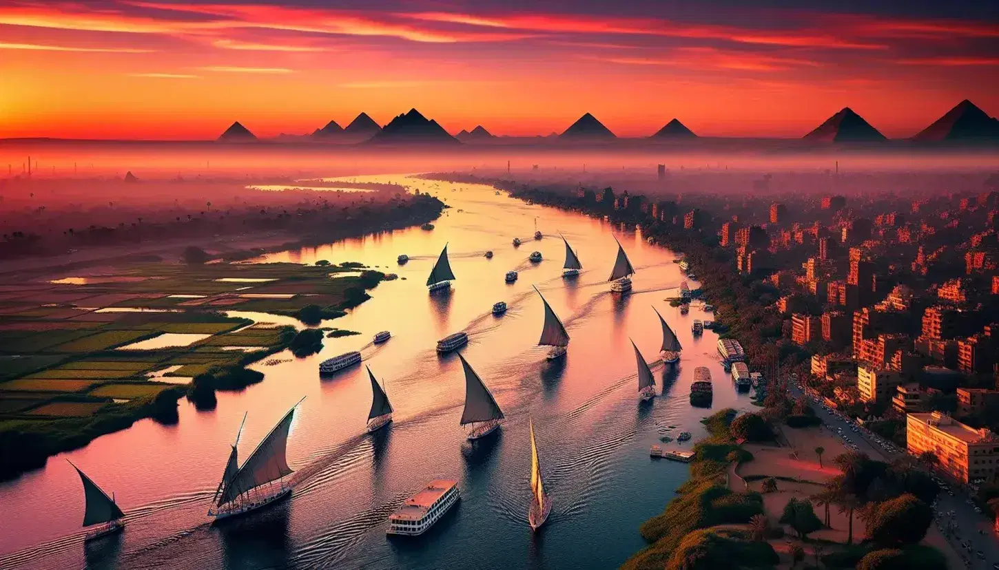 Tramonto sul Nilo con felucche a vela, vegetazione rigogliosa, skyline di una città moderna e sagome di piramidi all'orizzonte.