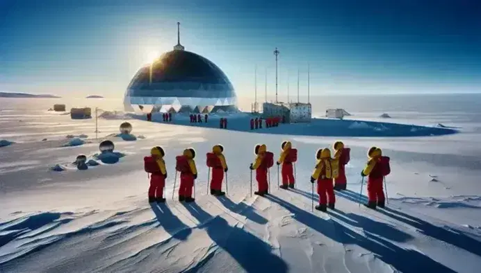 Snowy landscape with explorers in colorful parkas in front of the Amundsen-Scott Station at the South Pole and pole with reflective sphere.